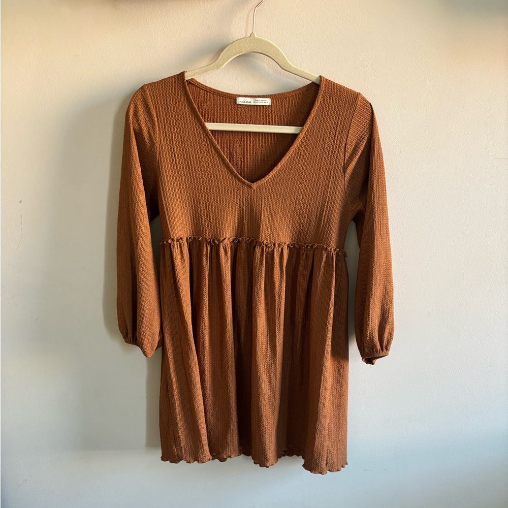 Pull&Bear Long Sleeve Brown Babydoll Dress